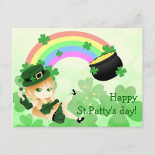 Carte Postale Fille irlandaise mignonne de lutin de chibi avec