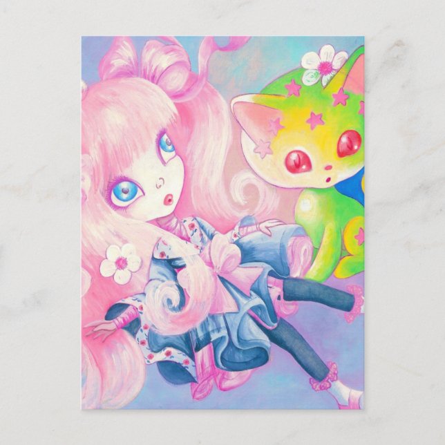 Carte Postale Fille japonaise Wamono avec Kawaii Kitten (Devant)