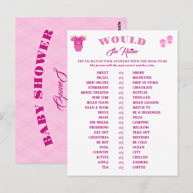 Carte Postale Fille Jeux de Baby shower Prédiction et conseil. (Devant / Derrière)