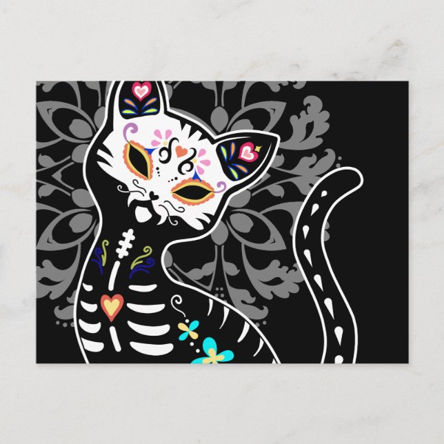 Carte Postale Fille Jour des morts mignon chat coutume noir (Devant)