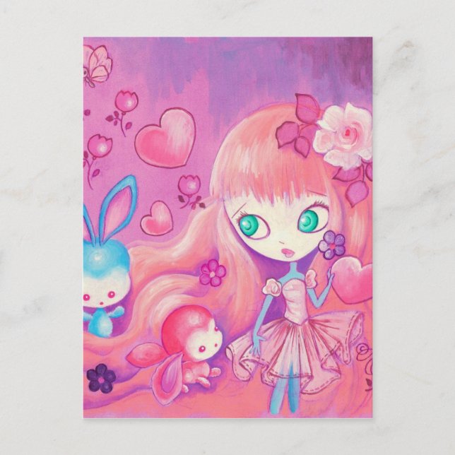 Carte Postale Fille Kawaii avec de mignons lapins (Devant)