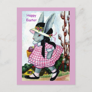 Carte Postale Fille lapin de Pâques vintage dans Bonnet et robe 