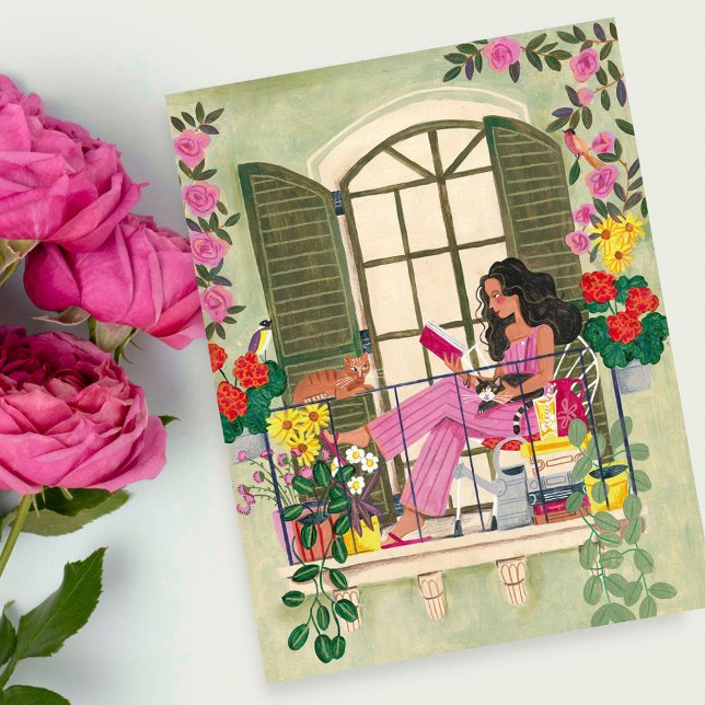 Carte Postale Fille lisant sur un balcon estival avec des chats  (Girl reading on summer balcony with cats postcard)