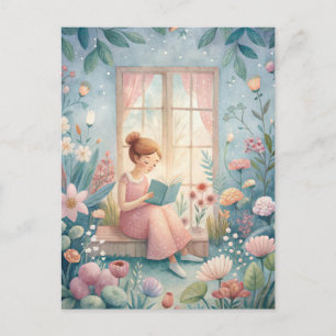 Carte Postale Fille lisant un livre près d'une fenêtre ensoleill