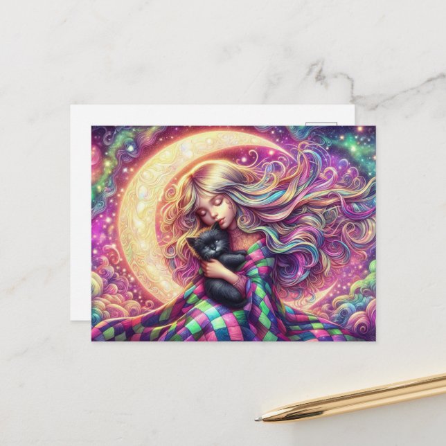 Carte Postale Fille Lune Croissant Dormir Avec Chat Noir (Devant/Arrière en situation)