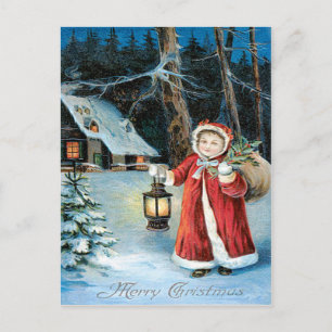 Carte Postale Fille mignonne lanterne houx cottage d'hiver