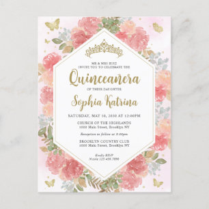 Carte Postale Fille moderne Blush rose Floral or Quinceañera