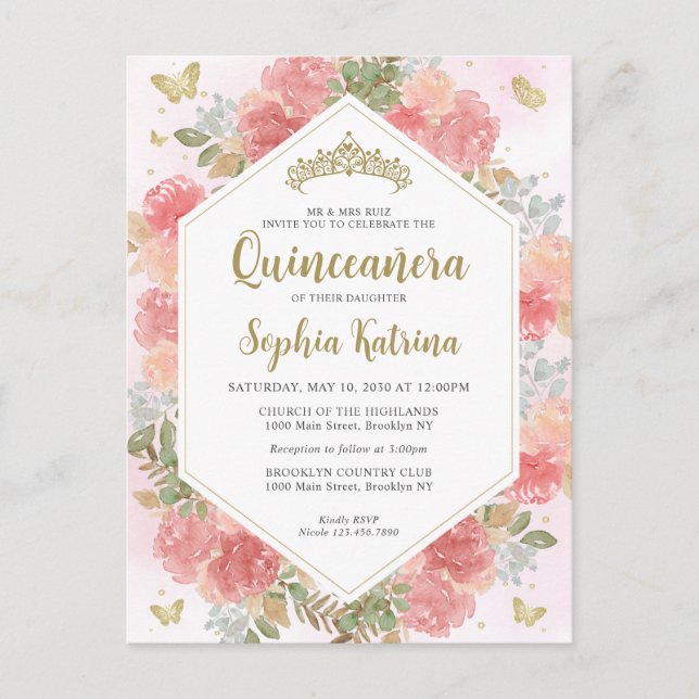 Carte Postale Fille moderne Blush rose Floral or Quinceañera (Devant)