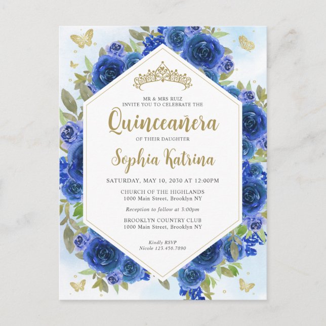 Carte Postale Fille moderne Royal bleu Floral or Quinceañera (Devant)