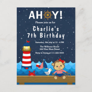Carte Postale Fille nautique singe rouge et marine Fête d'annive