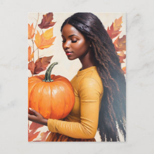 Carte Postale Fille noire avec feuilles d'automne Citrouilles