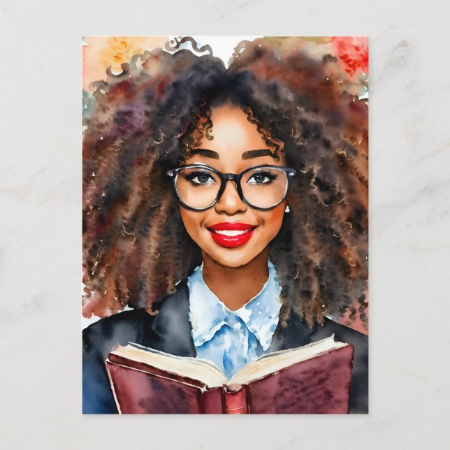 Carte Postale Fille noire en lunettes avec livre Nerdy (Devant)