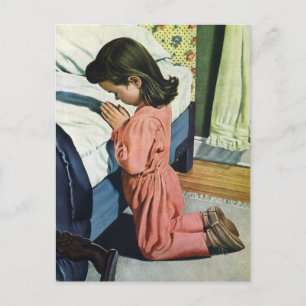 Carte Postale Fille priant au coucher, la prière du Seigneur
