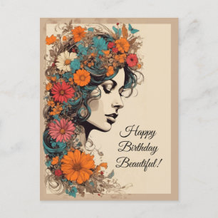 Carte Postale Fille Rétro avec des fleurs dans les cheveux