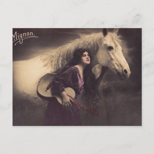 Carte Postale Fille romantique avec un cheval et la guitare (Devant)