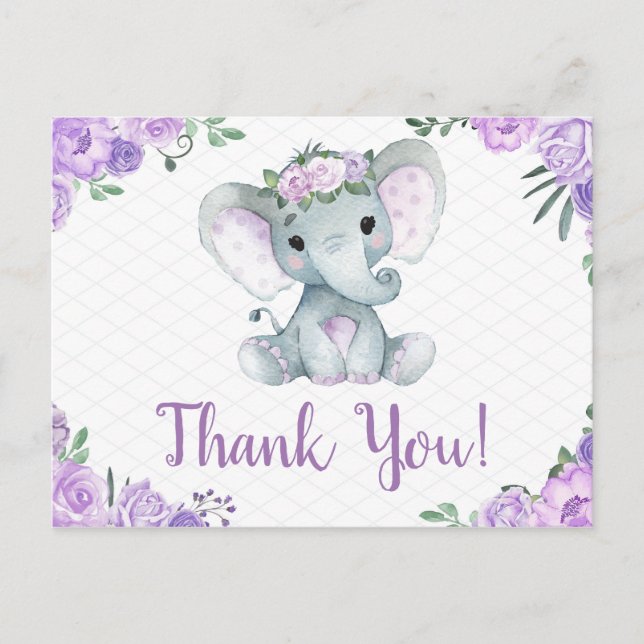 Carte postale fille Rose Merci éléphant violet (Devant)