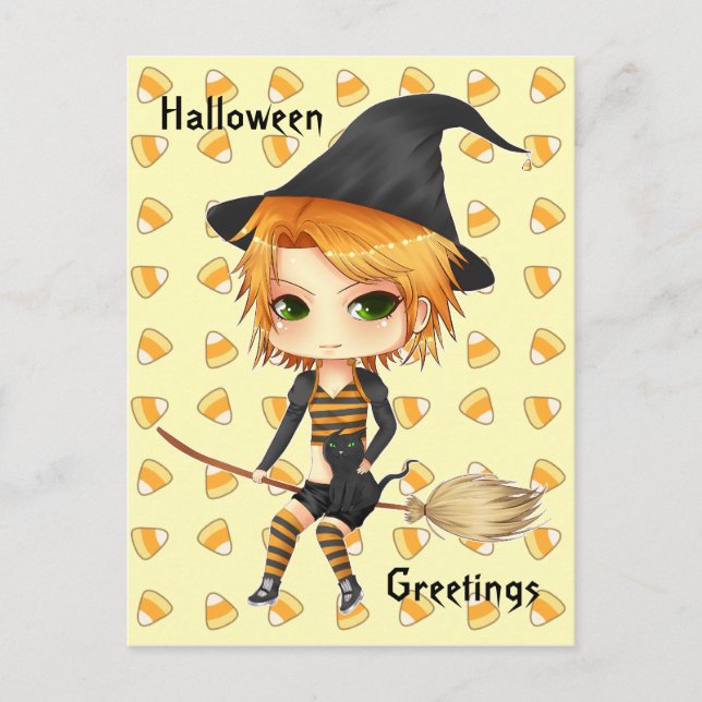 Carte postale fille sorcière chisbi Halloween mign (Devant)