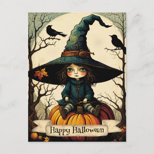 Carte Postale Fille sorcière Citrouille Halloween heureux (Devant)