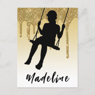 Carte Postale Fille sur balançoire Gold Glitter Drip Ombre   