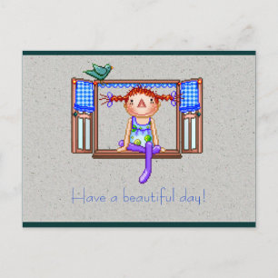 Carte Postale Fille sur une fenêtre Sill Pixel Art
