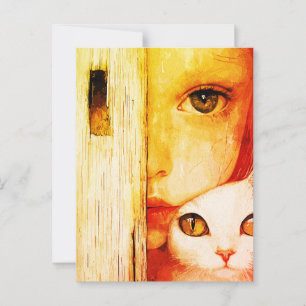 Carte Postale Fille surréaliste et chat - Art mural - Yeux verts