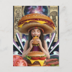 Carte Postale Fille Surréaliste Étrange avec un Chapeau de Chees