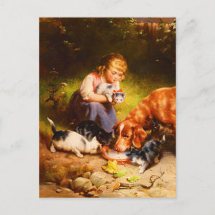 Carte Postale Fille victorienne avec chatons et chien Beaux-Arts