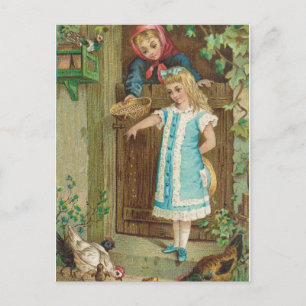 Carte Postale Fille vintage avec mère nourrir poulets