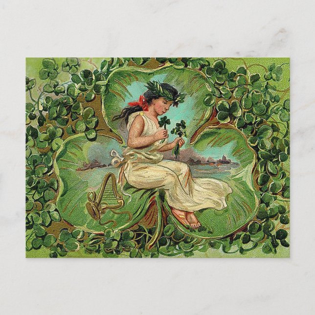 Carte Postale Fille vintage avec trèfles (Devant)