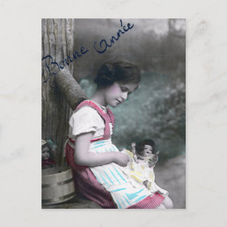 Carte Postale Fille Vintage Bonne Année avec Poupée