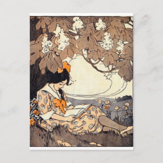 Carte Postale Fille vintage de livre de contes sous l'arbre