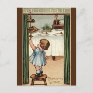 Carte Postale Fille vintage sur un outil Thanksgiving