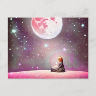 Carte Postale Fille Vintage surréaliste et Lune rose complète