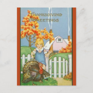 Carte Postale Fille vintage Turquie et maison rose Thanksgiving