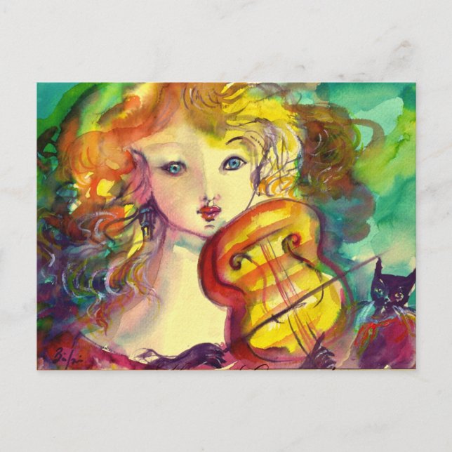 CARTE POSTALE FILLE VIOLINISTE, VIOLIN ET CAT (Devant)