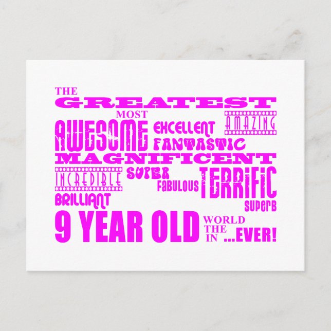 Carte Postale Filles 9e anniversaire : rose plus grand 9 ans (Devant)