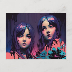 Carte Postale Filles aux cheveux violets habillées en rose 