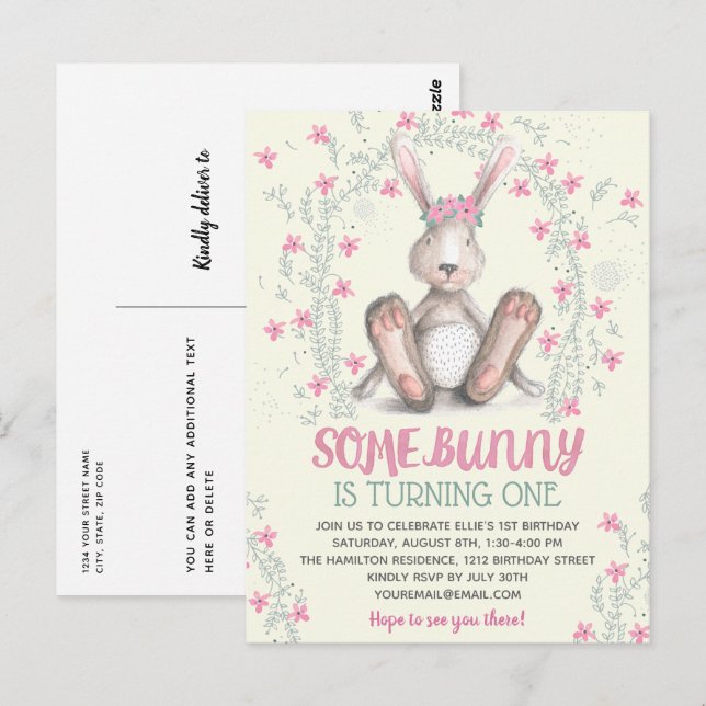 Carte Postale Filles Florales Roses Bunny Fête d'anniversaire In (Devant / Derrière)