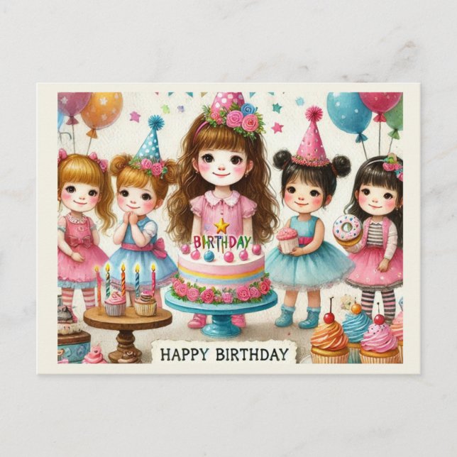 Carte Postale Filles mignonnes Joyeux anniversaire (Devant)