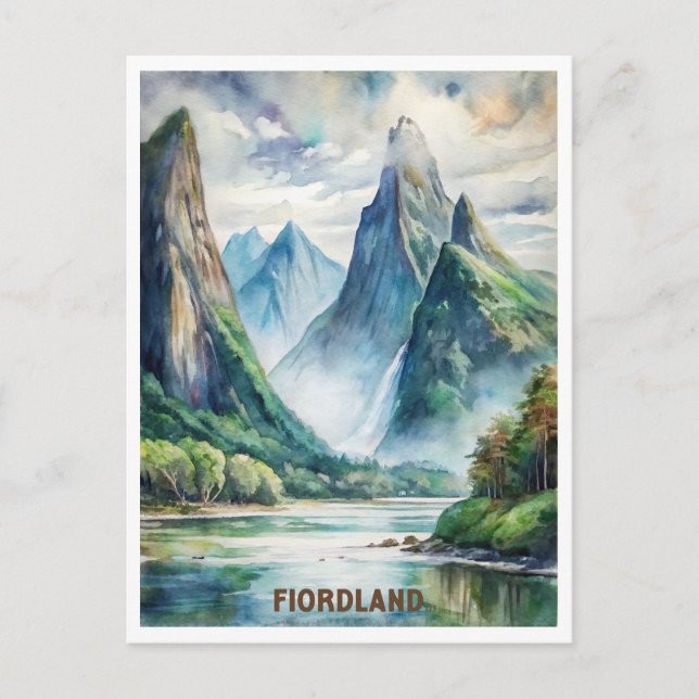 Carte Postale Fiorland Parc national Nouvelle-Zélande Aquarelle  (Devant)