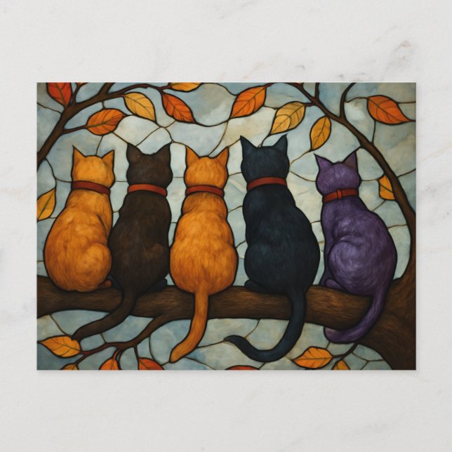 Carte Postale Five Cats on a Tree Branch Stained Glass Style (Devant)
