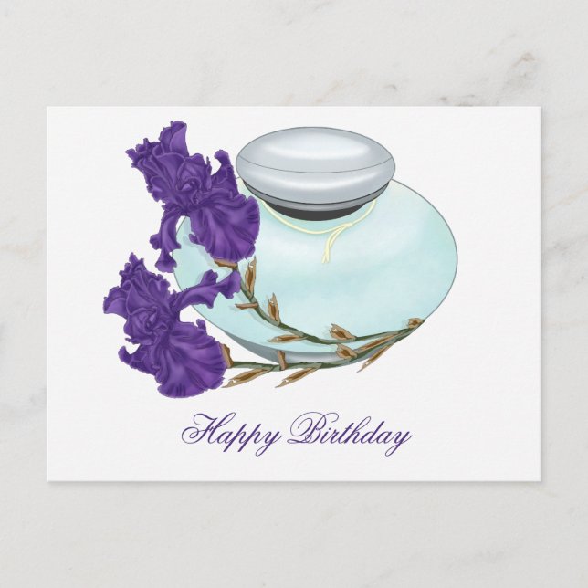 Carte Postale Flacon de parfum avec fleurs d'iris Joyeux Anniver (Devant)