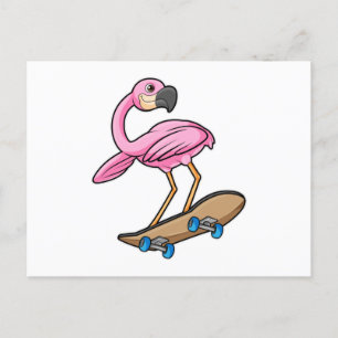 Carte Postale Flamant en patineur avec planche à roulettes