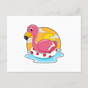 Carte Postale Flamant rose à la baignade avec Bouée de sauvetage