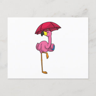 Carte Postale Flamant rose à la pluie avec parapluie