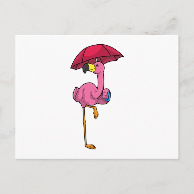 Carte Postale Flamant rose à la pluie avec parapluie (Devant)
