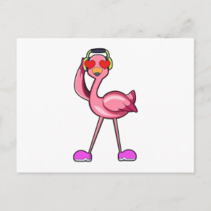 Carte Postale Flamant rose avec casque & Coeurs