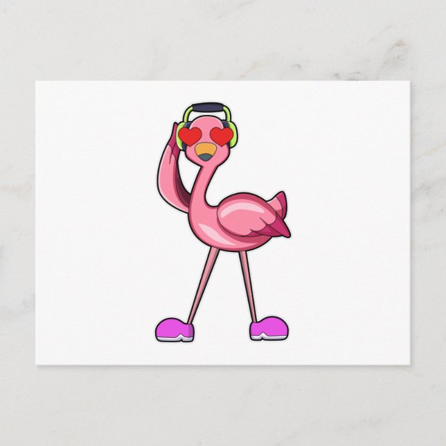 Carte Postale Flamant rose avec casque & Coeurs (Devant)