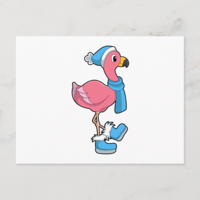 Carte Postale Flamant rose avec Ecarf & Casquette (Devant)