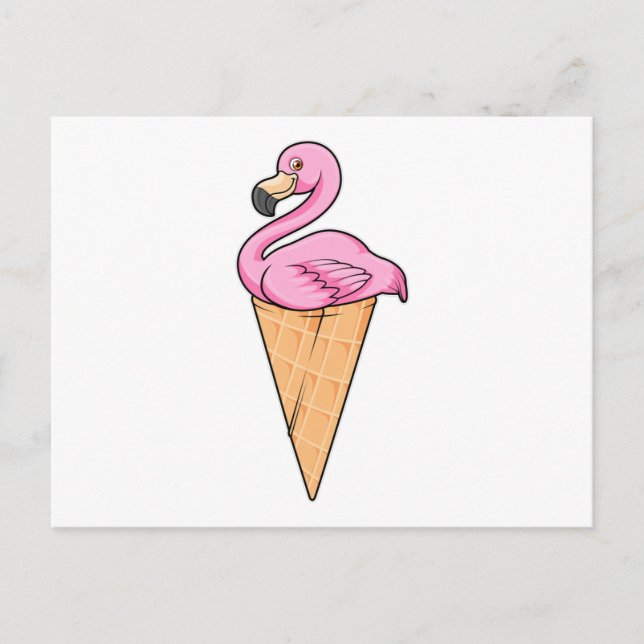 Carte Postale Flamant rose avec gaufre de glace (Devant)